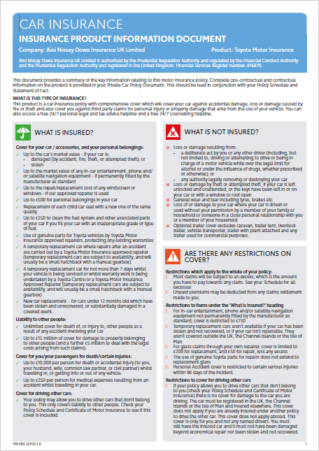 Toyota Motor Insurance Product Information Document